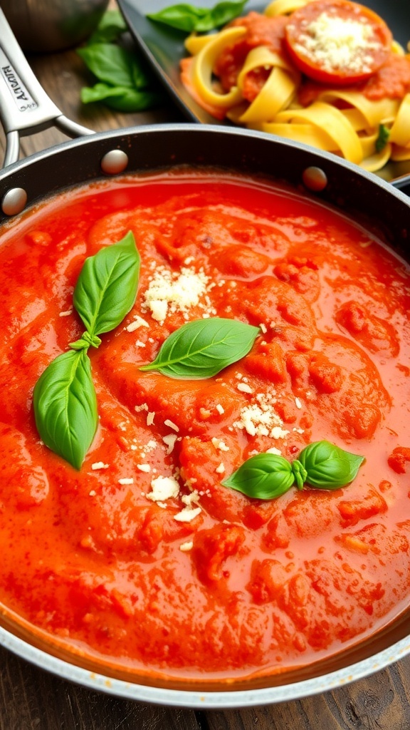 A skillet of rich tomato cream sauce garnished with basil and Parmesan, with a plate of pasta in the background.